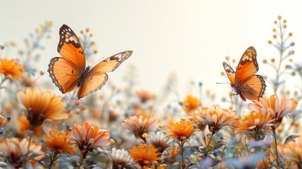 Two orange butterflies fly over a field of orange flowers. AI generative. .