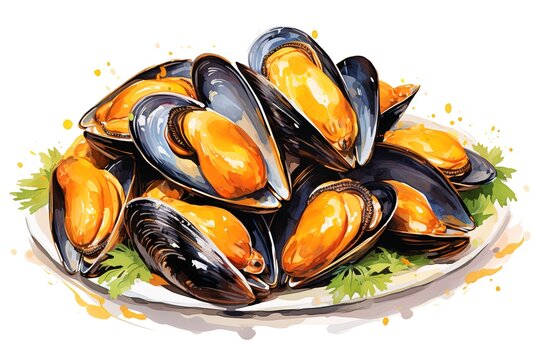 Watercolor set mussels drawn by hand on a white background. Picturesque shellfish.

