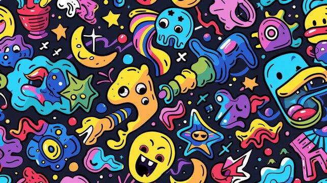 A vibrant, playful pattern filled with whimsical characters and shapes.
