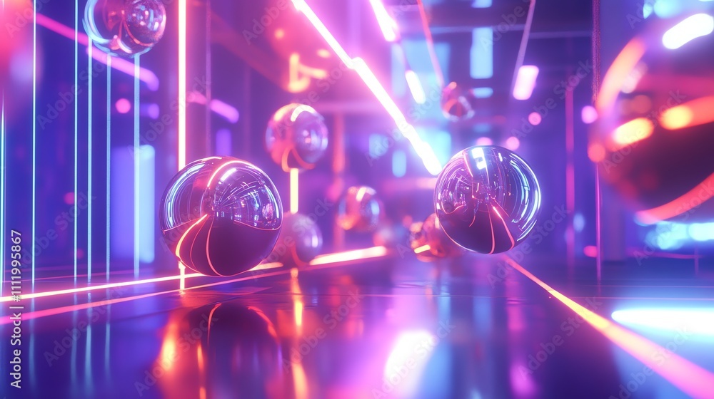 Poster abstract 3d rendering of glowing spheres in a neon-lit futuristic space.