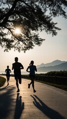 silhouette of a family joging in the playground