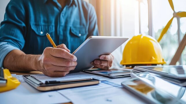 Professional Worker Using Tablet for Construction Project Planning - Powered by Adobe