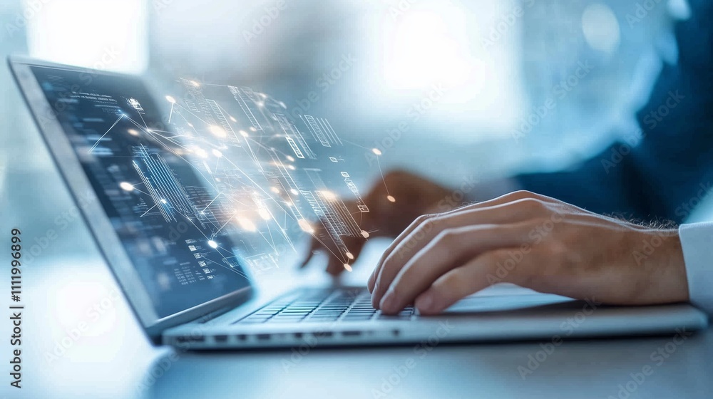 Poster hands typing on laptop with data visualization, showcasing technology in modern workspace