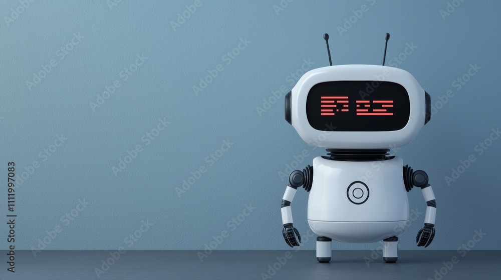 Poster cute robot character with digital display standing against a simple blue background.