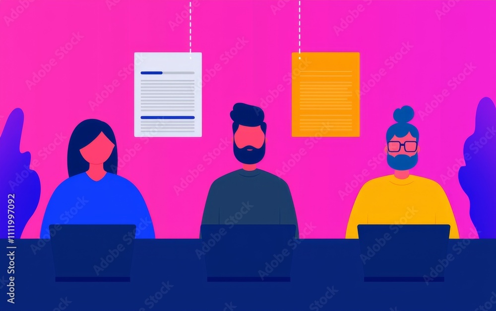 Poster three diverse individuals working on laptops with colorful documents in a vibrant setting.