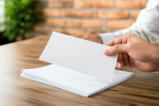 Hand Holding Blank Envelope Above Stack of White Sheets on Table