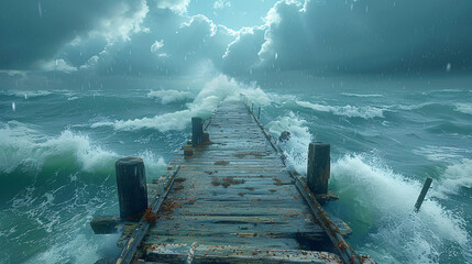 A wooden pier stretches into a tumultuous sea beneath a cloudy sky evoking a sense of reflection...