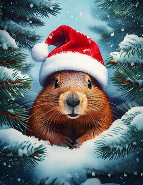 Cute beaver wearing a Santa hat, playfully peeking out from behind a Christmas tree