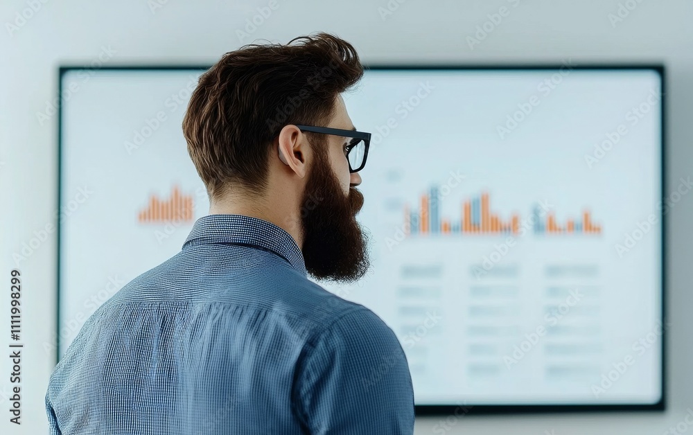 Poster a man with a beard analyzes data on a screen in a modern office setting.