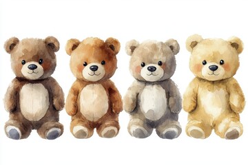Four cute, cartoon-style teddy bears in different colors, ideal for children's designs.