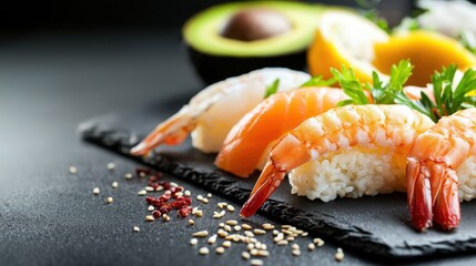 Fresh Seafood Platter with Sushi, Shrimp, Avocado, and Lemon