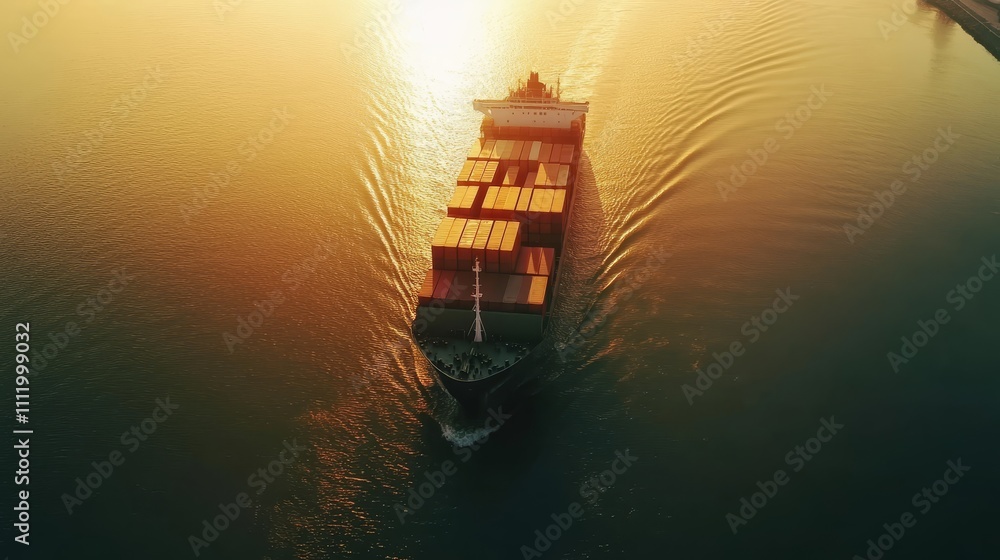 Poster container ship transporting goods in sunset - a breathtaking view of a container ship navigating cal