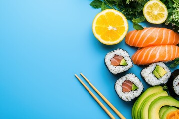 Fresh Sushi Rolls with Salmon and Avocado on Blue Backdrop