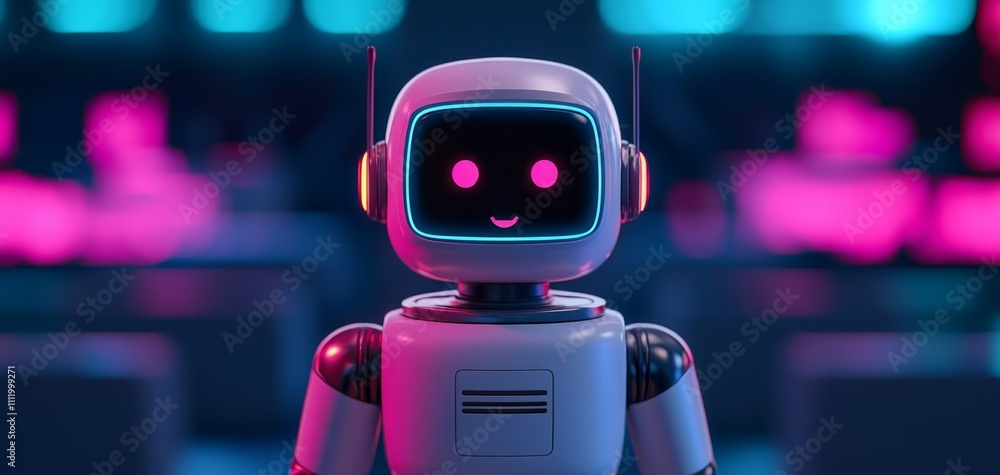 Poster cute and colorful robot character in a futuristic digital environment.