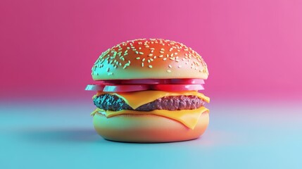 Delicious Burger with Veggies and Cheese - A mouthwatering burger featuring fresh tomatoes, melted cheese, and sesame seed bun, ideal for food lovers embracing junk food culture
