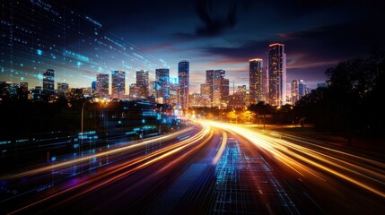 Fototapeta premium Night Cityscape with Light Trails and Digital Effects in Urban Landscape
