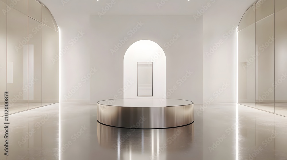 Aufkleber a sleek, metallic podium surrounded by expansive white walls and soft lighting, creating a high-end 