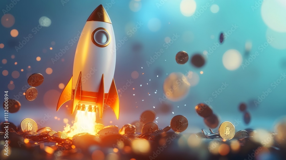 Poster detailed 3d rocket blasting off with coins scatter - a dynamic depiction of a rocket launching with 