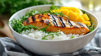 Grilled Salmon Fillet with Mango and Rice in a Bowl