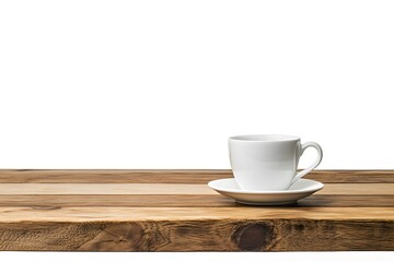 Fototapeta premium White coffee cup on saucer placed on rustic wooden table, isolated against a white background