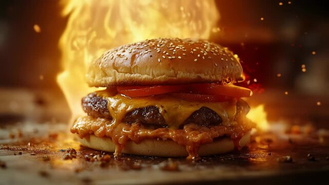 Delicious hamburger grilled hot fresh tasty cheeseburger, hamburger, burger with french fries and fire flames. The concept of fast food.