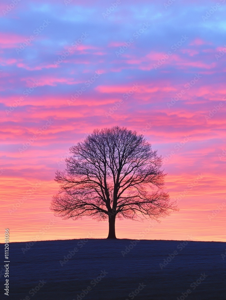 Leinwandbilder a solitary tree rises in an expansive field as a stunning sunset casts vivid colors across the sky, 