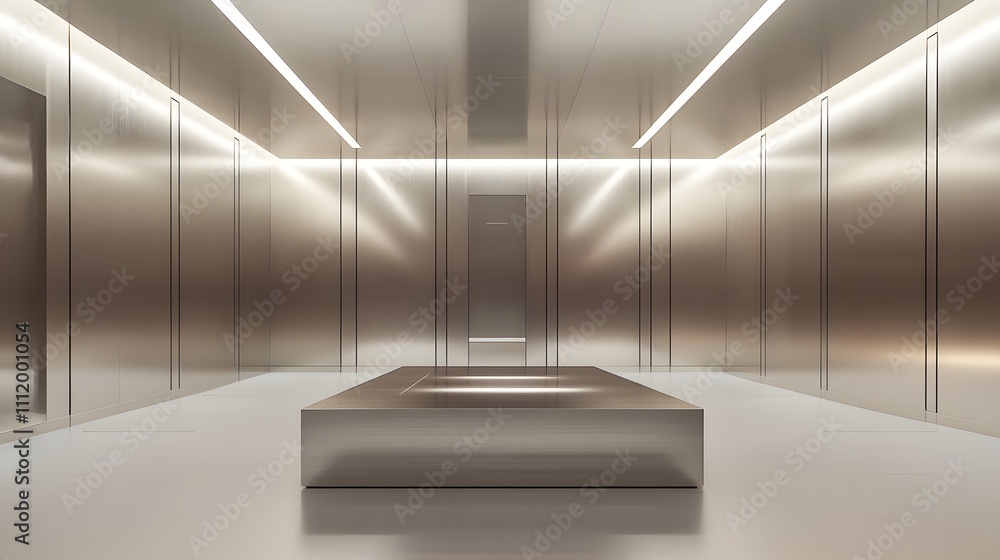 Aufkleber a sleek, metallic podium surrounded by expansive white walls and soft lighting, creating a high-end 