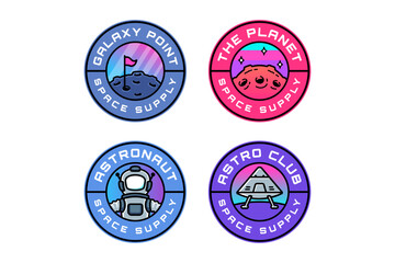 planet with flag pole, surface meteor, spaceship landing on moon, astronaut colorful modern illustration badge logo design set for astronautic, science, galaxy, space, adventure, kids merchandise