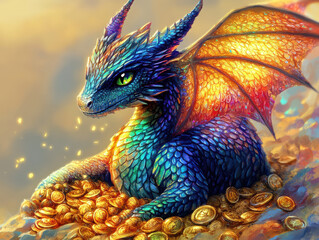 Fototapeta premium majestic dragon rests on glowing treasure hoard, showcasing vibrant scales and colorful wings. scene evokes sense of wonder and fantasy