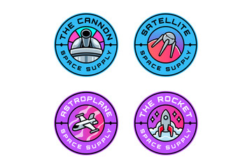 space cannon, satellite, spaceship, rocket launch colorful modern illustration badge logo design set for astronautic, science, galaxy, space, adventure, kids merchandise