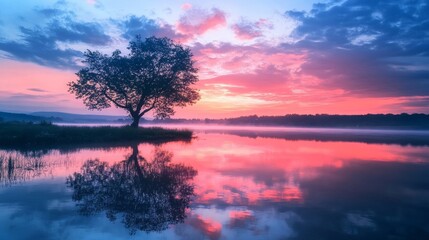Dreamy Sunset Landscape by the Lake - Dreamy Sunset Landscape by the Lake features a serene reflection of colorful skies and a solitary tree creating a peaceful ambiance.