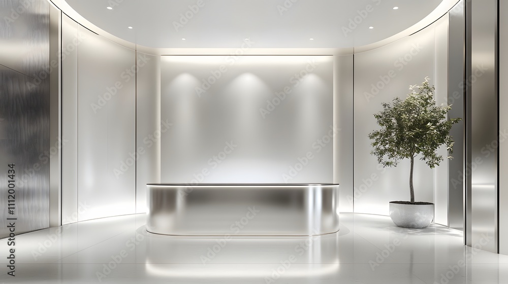 Poster a sleek, metallic podium surrounded by expansive white walls and soft lighting, creating a high-end 
