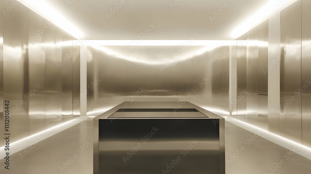Poster a sleek, metallic podium surrounded by expansive white walls and soft lighting, creating a high-end 