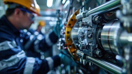 A close-up of technicians adjusting settings on a high-tech waste processing system, ensuring the efficient breakdown of waste into energy resources, representing precision and expertise in the field