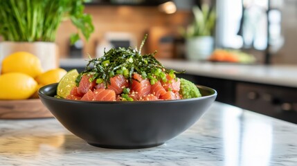 Fresh Salmon Bowl with Seaweed and Lime on Marble Countertop