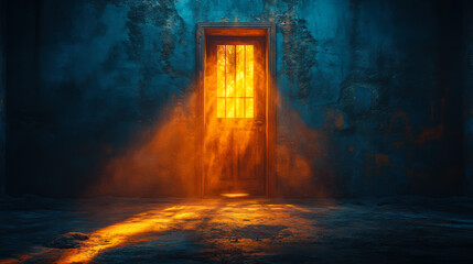 A dimly lit room with a glowing doorframe illuminating the space during twilight, creating an atmospheric and mysterious ambiance