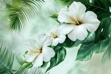 Fototapeta premium Elegant White Flowers with Lush Green Leaves - A captivating arrangement of elegant white hibiscus flowers surrounded by vibrant green leaves symbolizing purity, tranquility, nature, beauty, and fresh
