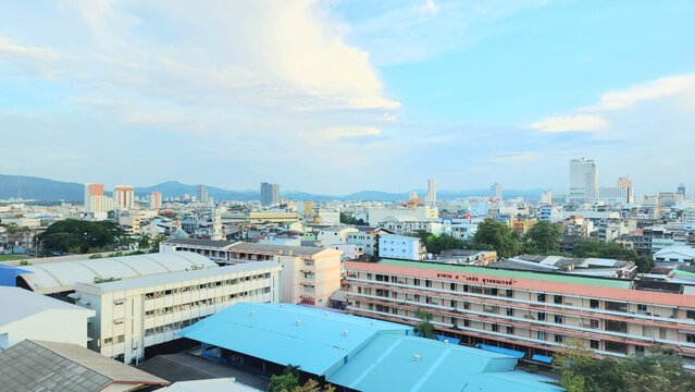 HATYAI, THAILAND - DEC 2, 2024 : Panorama view of Hat Yai City during the day with cloudy sky in Songkhla Province, Thailand