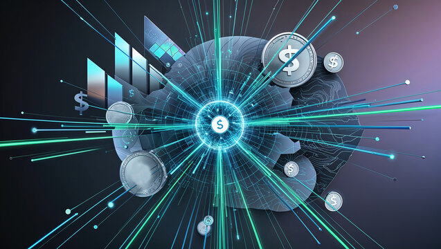 This abstract digital illustration highlights innovative methods for effective financial planning. Eye-catching elements represent tracking, saving, and investment opportunities in a modern context