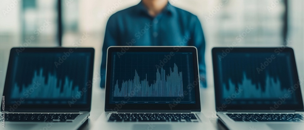 Poster a person analyzes data on multiple laptops displaying graphs and charts.