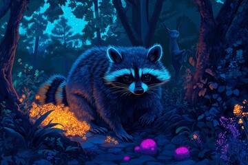 Enchanting Neon Raccoon in a Glowing Forest - A stunning illustration of a neon raccoon surrounded by glowing flora in a magical forest setting. Symbols of nature, wildlife, night, enchantment, and co
