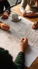 A group discusses plans over a large map on a wooden table.