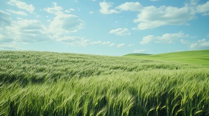 A field of green grass and wheat swaying in the wind with a blue sky.