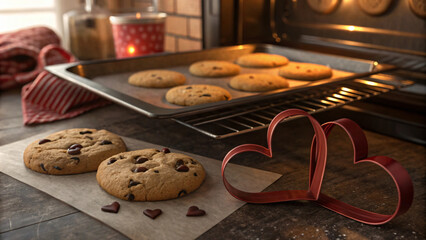 Freshly baked chocolate chip cookies cooling in kitchen, with heart shaped cookie cutters nearby, creating warm and inviting atmosphere perfect for Valentine Day - Powered by Adobe