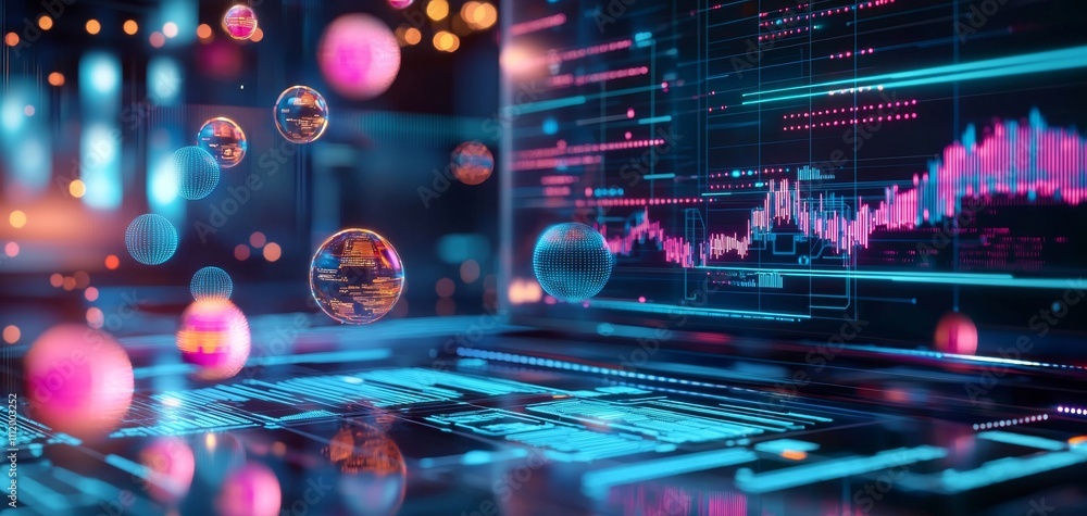 Poster futuristic digital interface with floating spheres and data visualization elements.