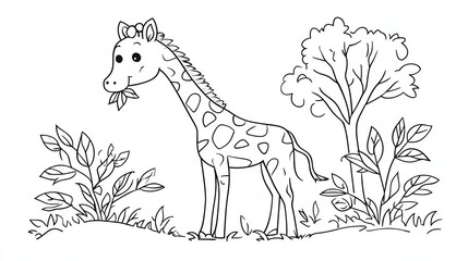 A cute cartoon giraffe in a jungle setting.