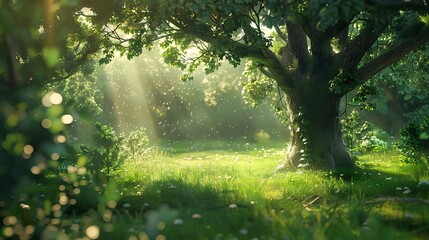 A tranquil forest clearing with tall trees, soft grass, and sunlight breaking through the branches.