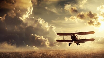 A vintage biplane flying through a dramatic sunset sky.