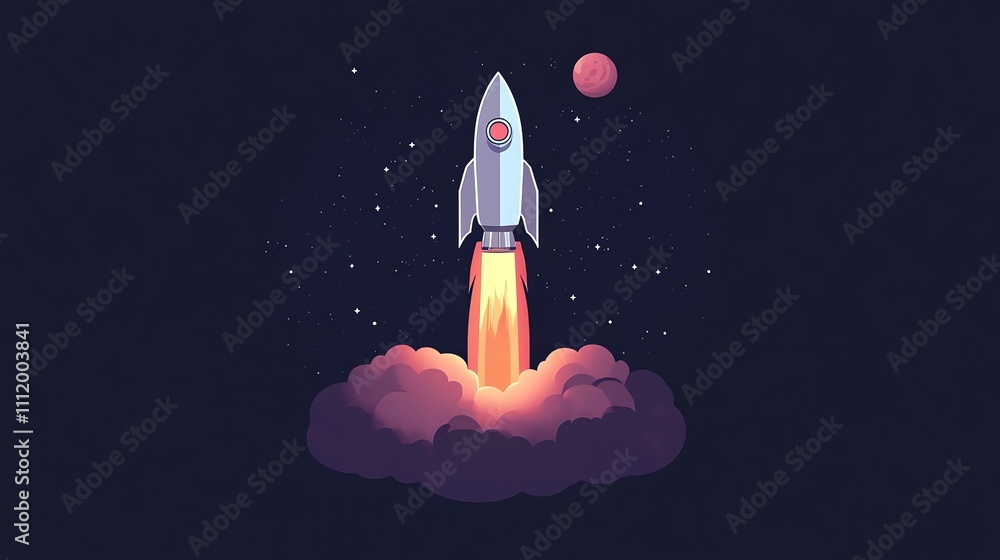 Poster a rocket blasting off into space with a red planet in the background.
