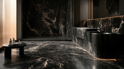 Luxurious bathroom featuring dramatic noir marble aesthetics creating an elegant and serene atmosphere. Modern design emphasizes sophistication and comfort.